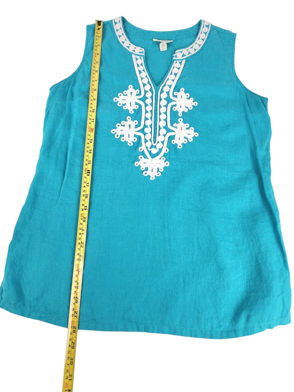 Charter Club Luxury 100% Linen Embroidered Sleeveless Tunic Top Teal Coastal Med - Picture 10 of 12